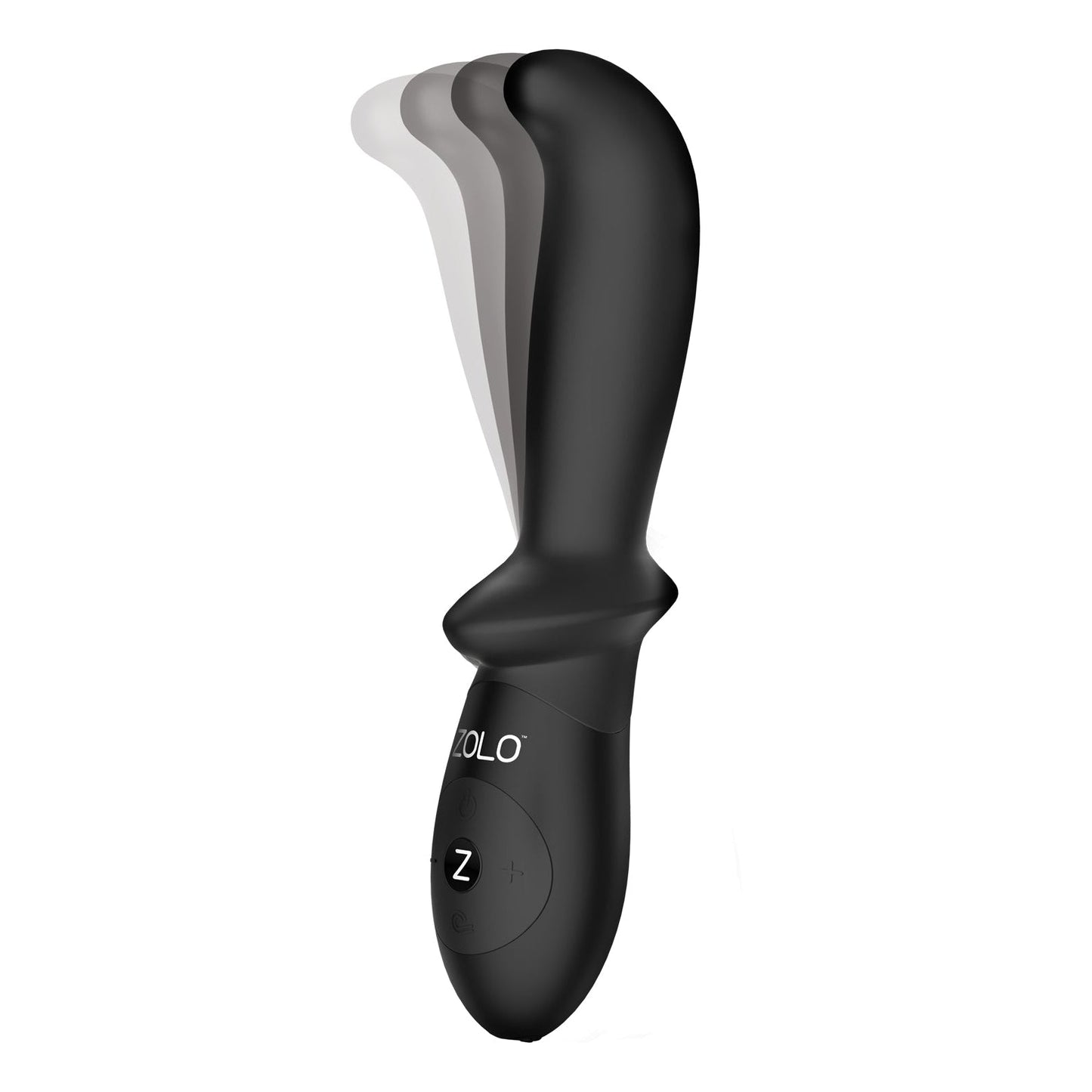 The ZOLO Come Hither Prostate Vibe by Zolo is a sleek, black massager with a curved design and base buttons, offering tailored pleasure through its dynamic vibrating patterns indicated by motion blur on the shaft.