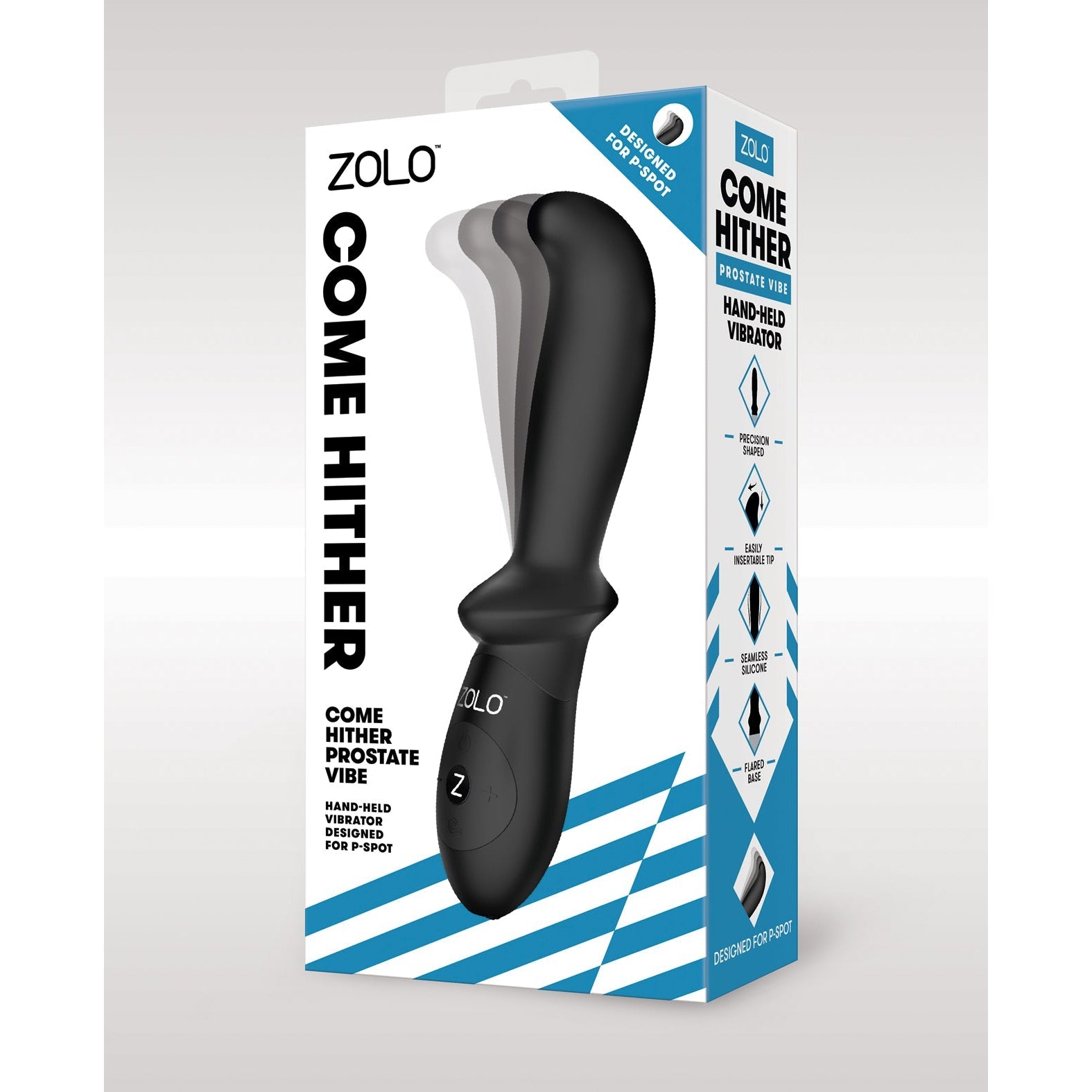 An image of the ZOLO Come Hither Prostate Vibe by Zolo shows a sleek black device. The packaging highlights its hand-held design and unique come hither motion, complemented by a blue and white striped bottom, promising exhilarating prostate massage with diverse vibrating patterns.