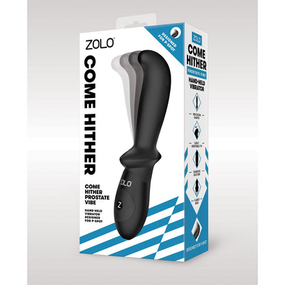 An image of the ZOLO Come Hither Prostate Vibe by Zolo shows a sleek black device. The packaging highlights its hand-held design and unique come hither motion, complemented by a blue and white striped bottom, promising exhilarating prostate massage with diverse vibrating patterns.