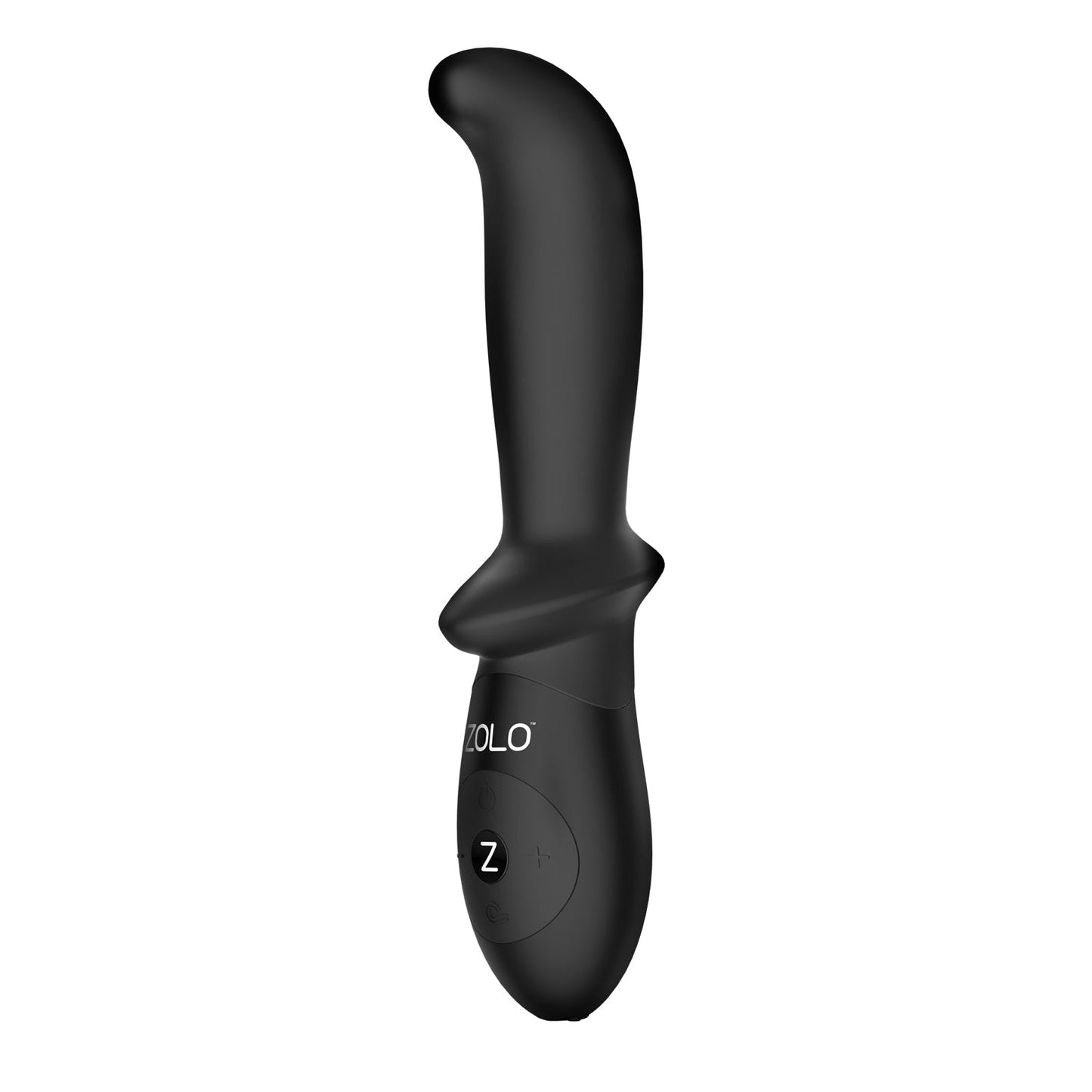 The ZOLO Come Hither Prostate Vibe by Zolo is a sleek, ergonomic black silicone massager with adjustable vibrating patterns and a circular control button featuring plus and minus symbols, designed for personal wellness use.