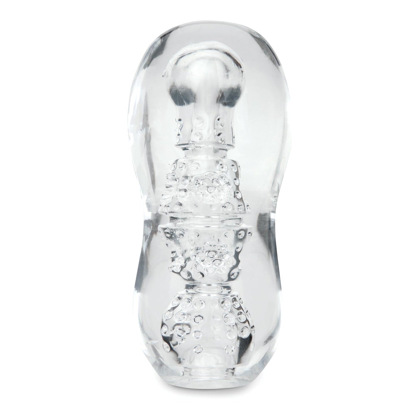 The ZOLO Gripz Dotted Stroker from Zolo is a phthalate-free, clear textured item with a curved shape and intricate inner details, akin to a molded glass or plastic decor piece. Its a textured delight for artful design enthusiasts.