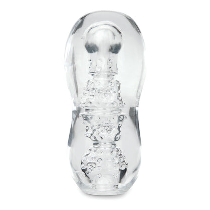 The ZOLO Gripz Dotted Stroker from Zolo is a phthalate-free, clear textured item with a curved shape and intricate inner details, akin to a molded glass or plastic decor piece. Its a textured delight for artful design enthusiasts.