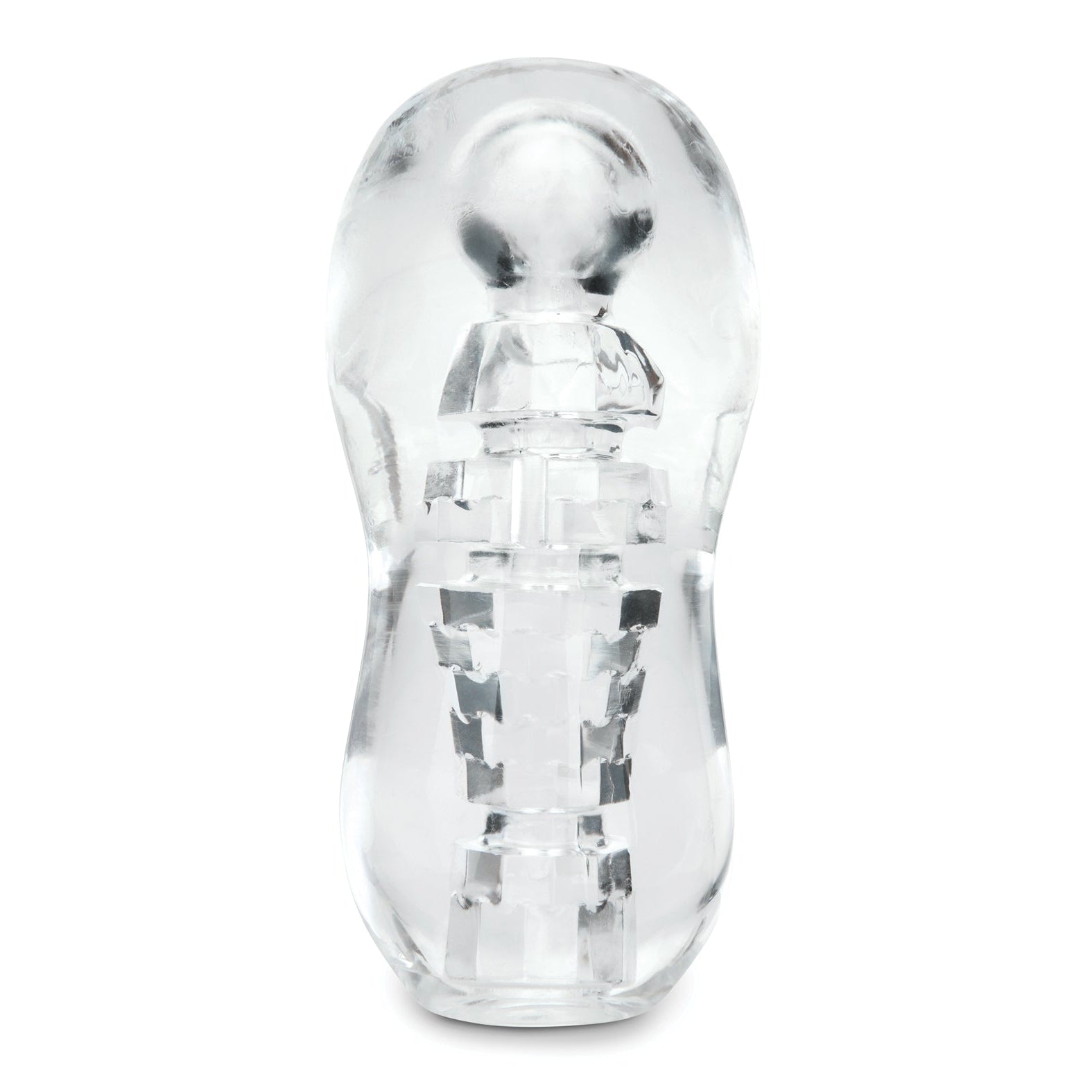 The ZOLO Gripz Spinner Stroker by Zolo is a clear, cylindrical object with a disco ball texture and an inner pattern. It features a bulbous top and tapered body, resembling a small, hollow mold, crafted from phthalate-free materials.