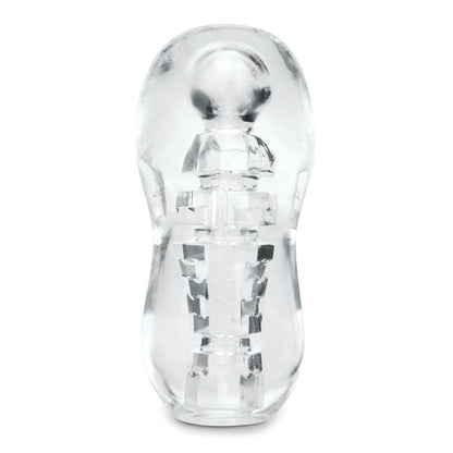 The ZOLO Gripz Spinner Stroker by Zolo is a clear, cylindrical object with a disco ball texture and an inner pattern. It features a bulbous top and tapered body, resembling a small, hollow mold, crafted from phthalate-free materials.