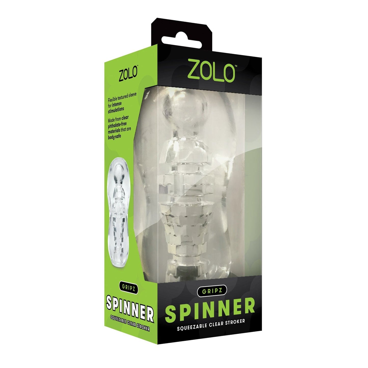 The ZOLO Gripz Spinner Stroker by Zolo is a transparent, squeezable male stroker with a disco ball texture. It comes in a stylish green and black package with a handle and a clear front window to showcase this phthalate-free product.