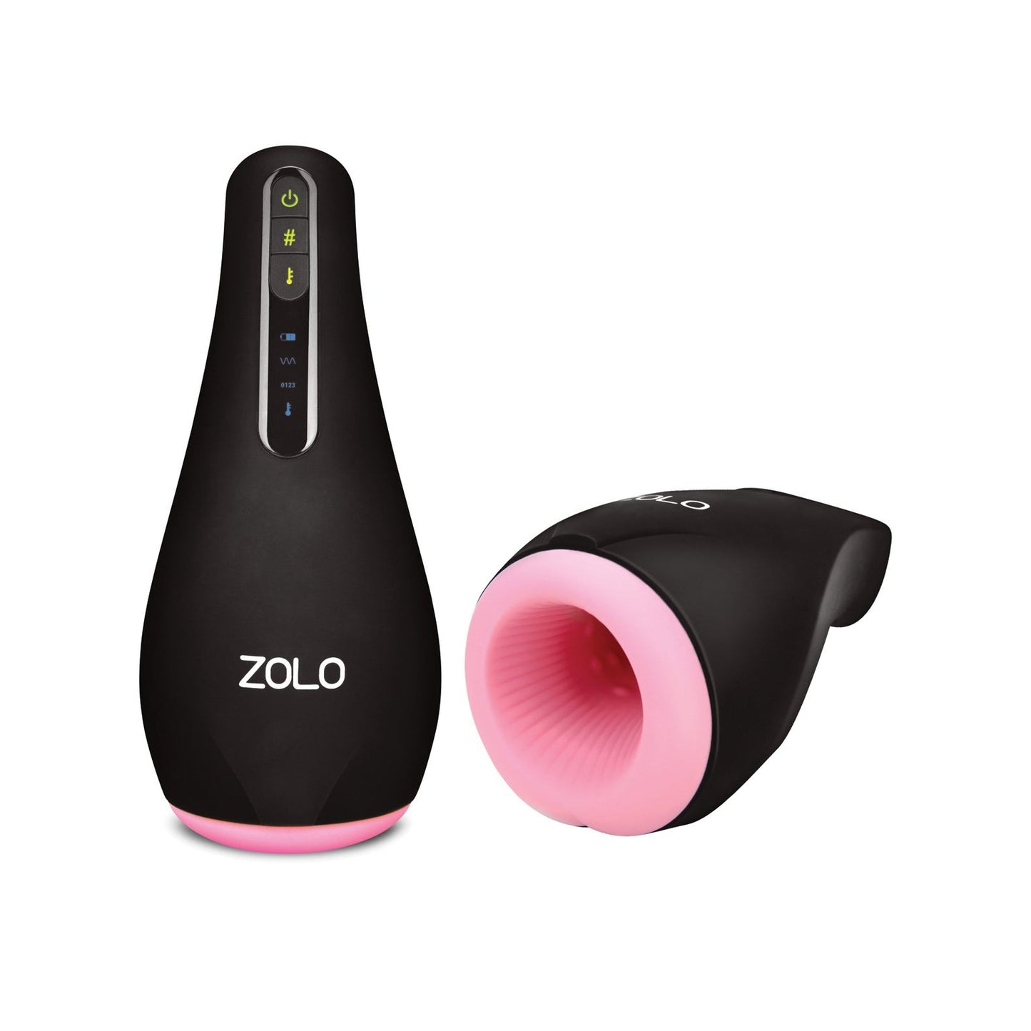 The ZOLO Heat Stroker from Zolo is a male sex toy with a sleek black design, pink accents, and heated masturbator technology. It features buttons, LED indicators, and a textured interior opening for an enhanced experience.