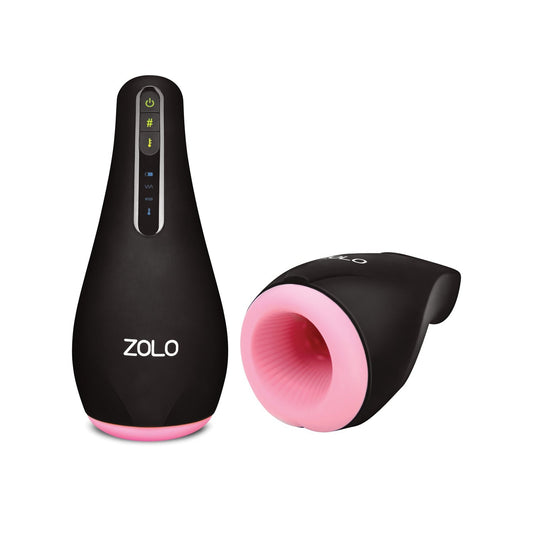 The ZOLO Heat Stroker from Zolo is a male sex toy with a sleek black design, pink accents, and heated masturbator technology. It features buttons, LED indicators, and a textured interior opening for an enhanced experience.