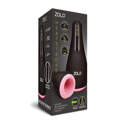 The box for the ZOLO Heat Stroker, by Zolo, highlights images of this heated masturbator with pulsating technology. It features a control panel and showcases thrust modes, warm-up options, and a stroke counter for an optimized experience.