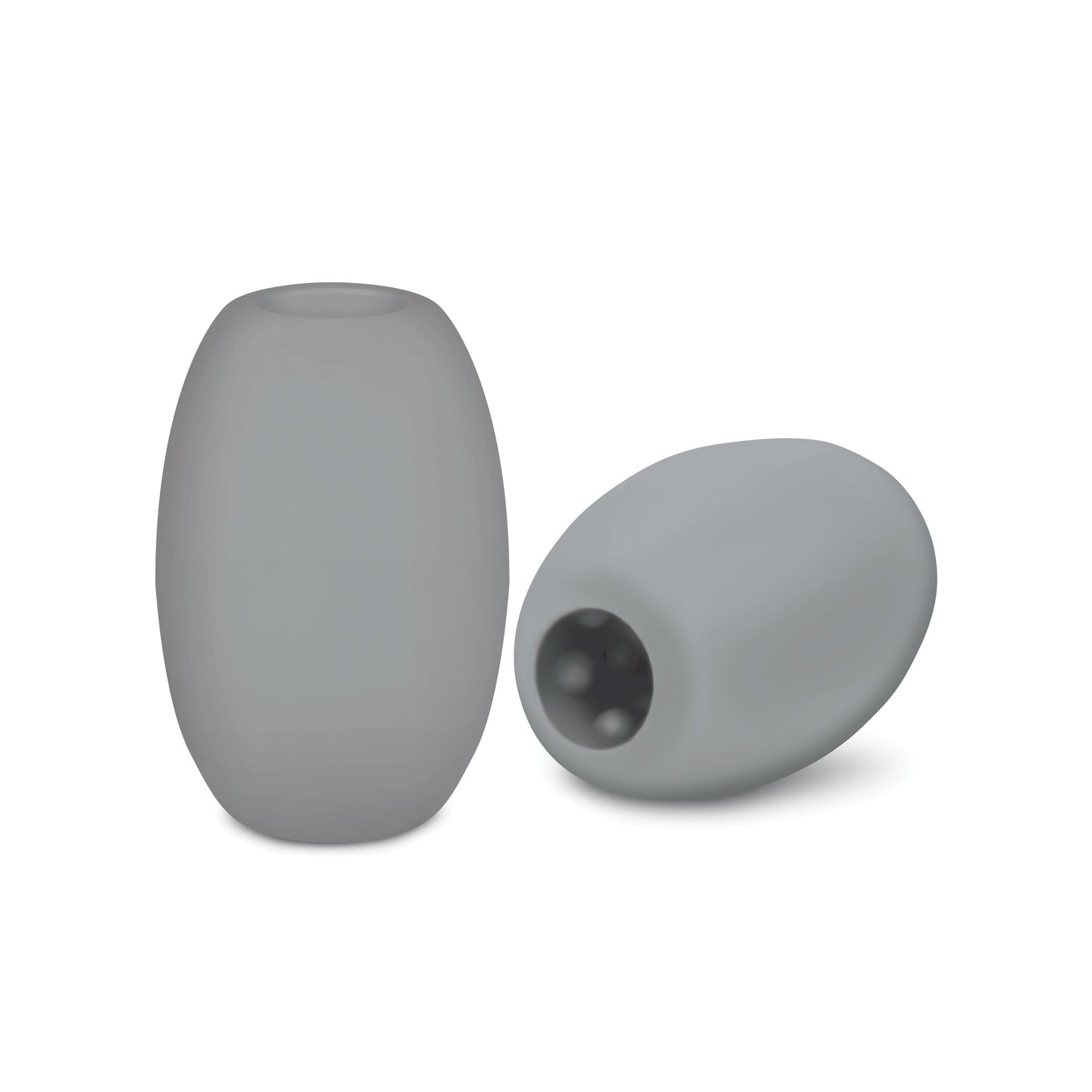 Two gray, cylindrical ZOLO Mini Bubble Stroker beads are shown. Crafted from a skin-mimicking material by Zolo, one stands upright while the other lies on its side, revealing a hollow interior like a bubble-textured tunnel.