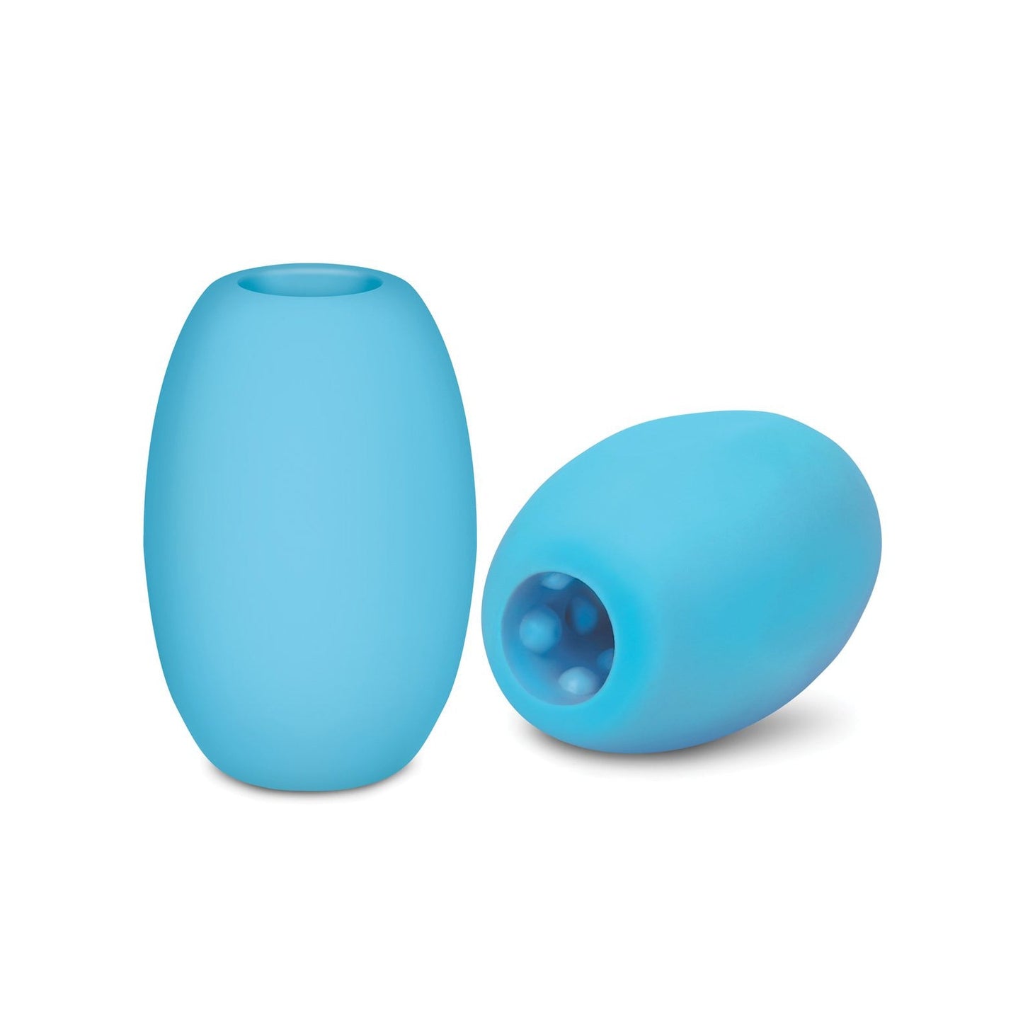 Two silicone earbud tips in blue, with one upright and the other on its side, resemble ZOLOs Mini Bubble Stroker design. They are cylindrical with rounded ends, crafted from skin-mimicking material by Zolo for enhanced in-ear comfort.