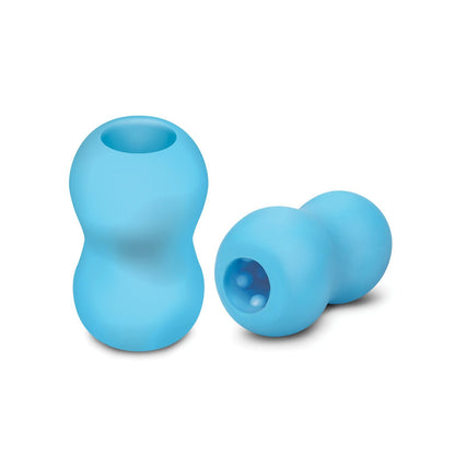 Two blue, travel-sized rubber ZOLO Mini Double Bubble Strokers by Zolo. The left toy stands upright; the right one lies on its side showing its hollow interior with three small holes. Both are double-ended and shaped like hourglasses.