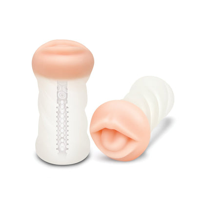 Two white, cylindrical objects with a pale peach top resembling lips, designed for novelty or personal use. One stands upright showing interior texture; the other is tilted, highlighting the ZOLO Realistic Deep Throat Dual Density Transparent Strokers design by Zolo.