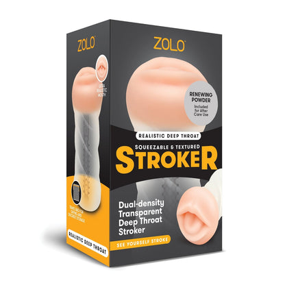 The image shows the packaging of a Zolo product, the ZOLO Realistic Deep Throat Dual Density Transparent Stroker, featuring a dual-density design. The box highlights a renewing powder for maintenance.