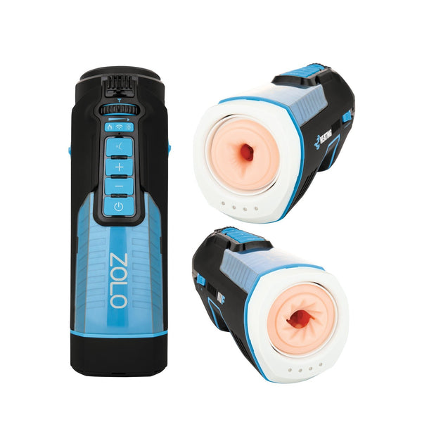 The ZOLO Roboblow by Zolo is a blue and black electronic male masturbator with button controls and a unique suction feature. It includes a soft, flesh-toned entry, plus two interchangeable sleeves to enhance the robotic sensation.