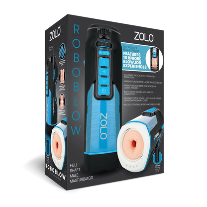 The ZOLO Roboblow by Zolo comes in a box displaying product images and text promoting its features, including 10 suction levels for an exceptional experience. The device itself is predominantly black and blue.