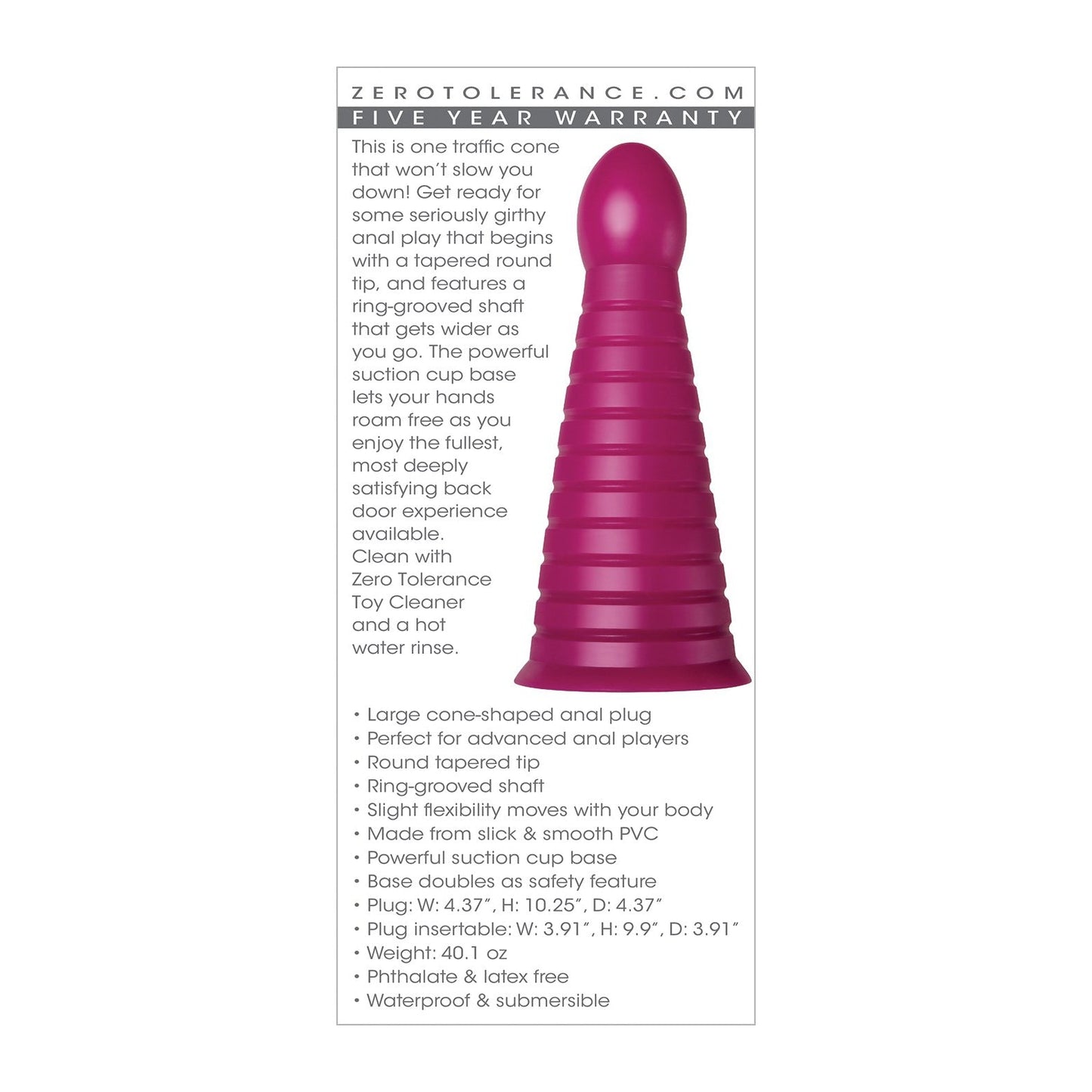 The Zero Tolerance Anal Everest, a purple cone-shaped anal plug for advanced users, has a tapered round tip, ring-grooved shaft, and a powerful suction cup base. Its body-safe, phthalate-free, waterproof, and includes Zero Tolerance Toy Cleaner.