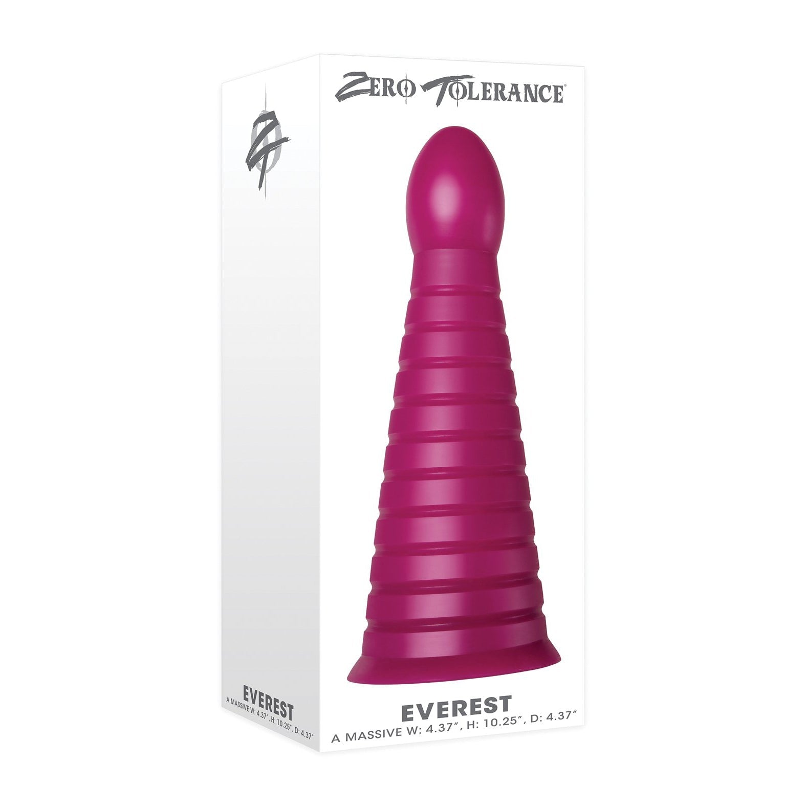 The Zero Tolerance Anal Everest by Zero Tolerance boasts a large, ribbed, cone-shaped pink design for advanced anal users. Dimensions include a width and depth of 4.37 and height of 10.25, with a powerful suction cup base for secure handling.