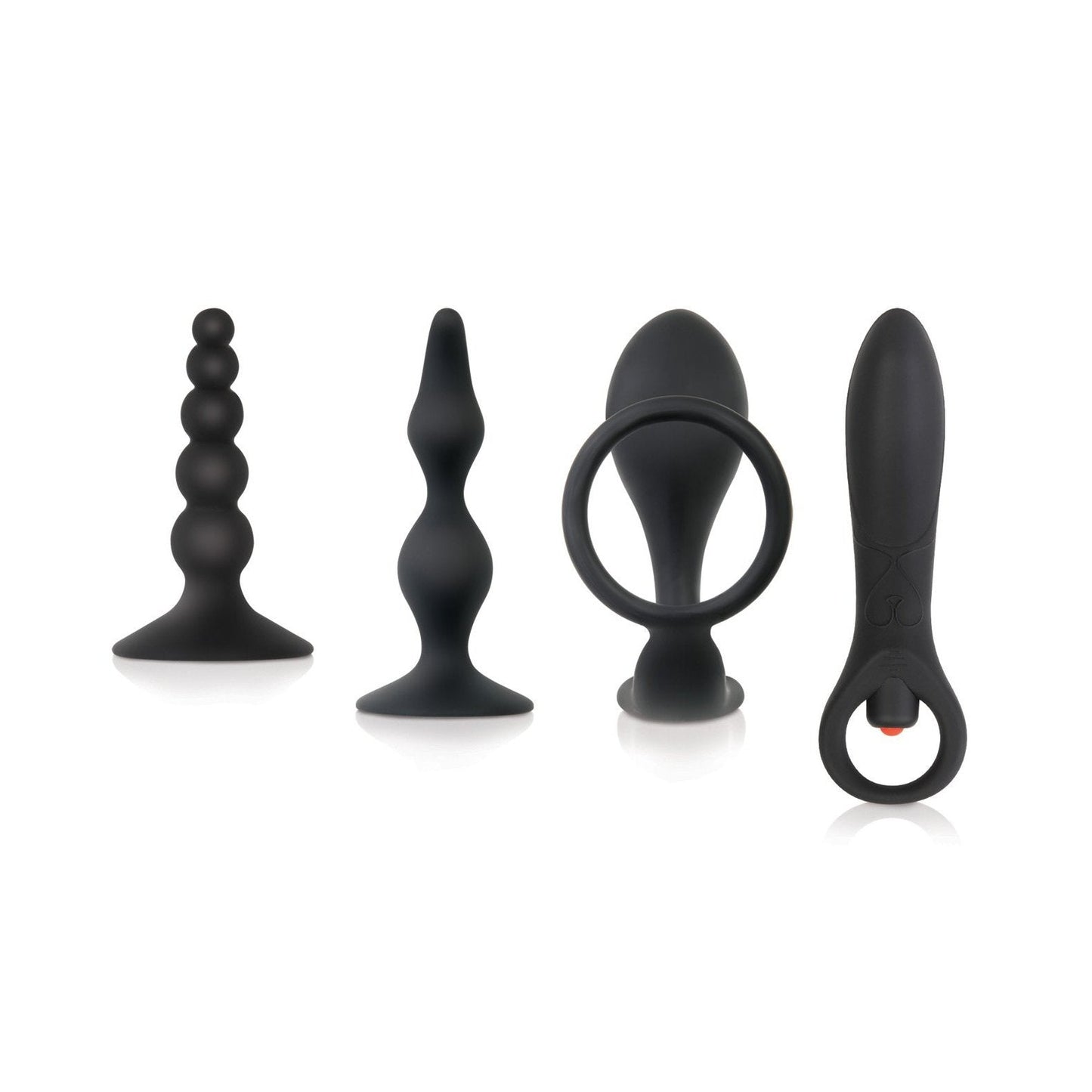 The Zero Tolerance Intro To Prostate Kit, featuring four black silicone P-spot toys of different shapes and sizes, including one with a loop handle, is elegantly displayed in a row against a white background.