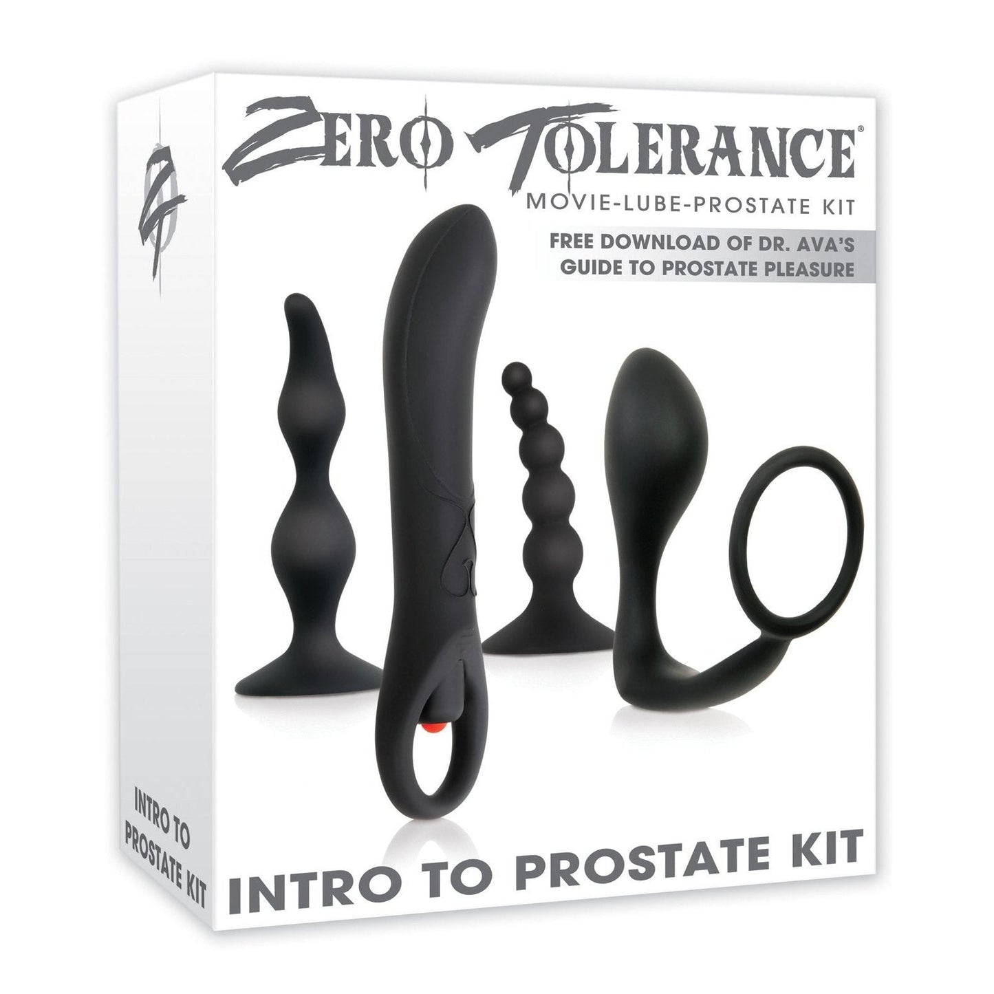 The Zero Tolerance Intro To Prostate Kit packaging features images of three sleek black silicone P-spot toys and also highlights additional content, including a downloadable guide to enhancing your prostate experience.