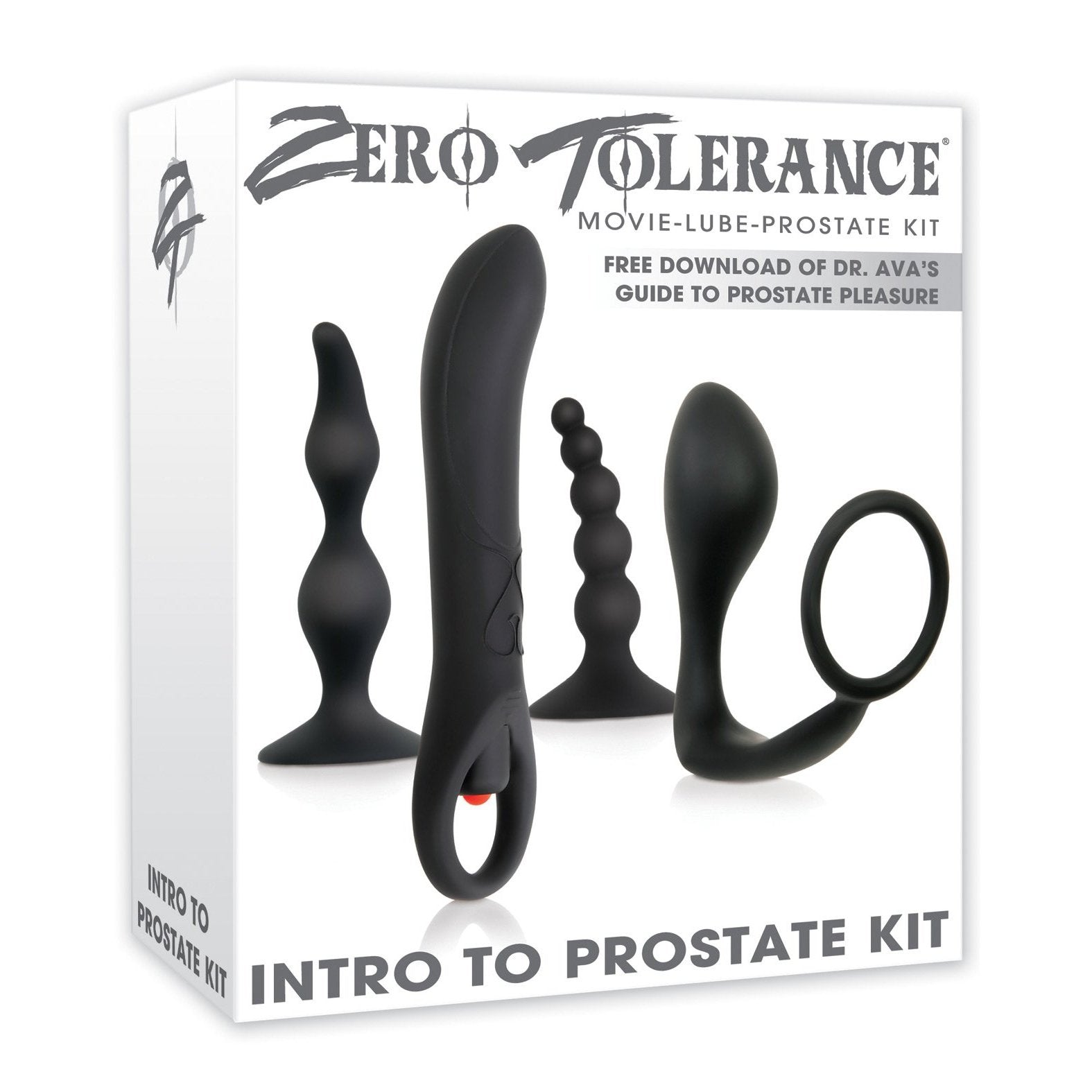 The Zero Tolerance Intro To Prostate Kit packaging features images of three sleek black silicone P-spot toys and also highlights additional content, including a downloadable guide to enhancing your prostate experience.