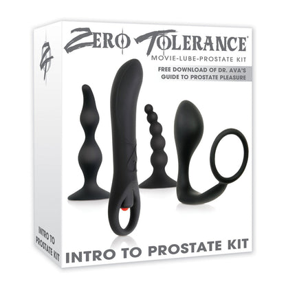 The Zero Tolerance Intro To Prostate Kit packaging features images of three sleek black silicone P-spot toys and also highlights additional content, including a downloadable guide to enhancing your prostate experience.