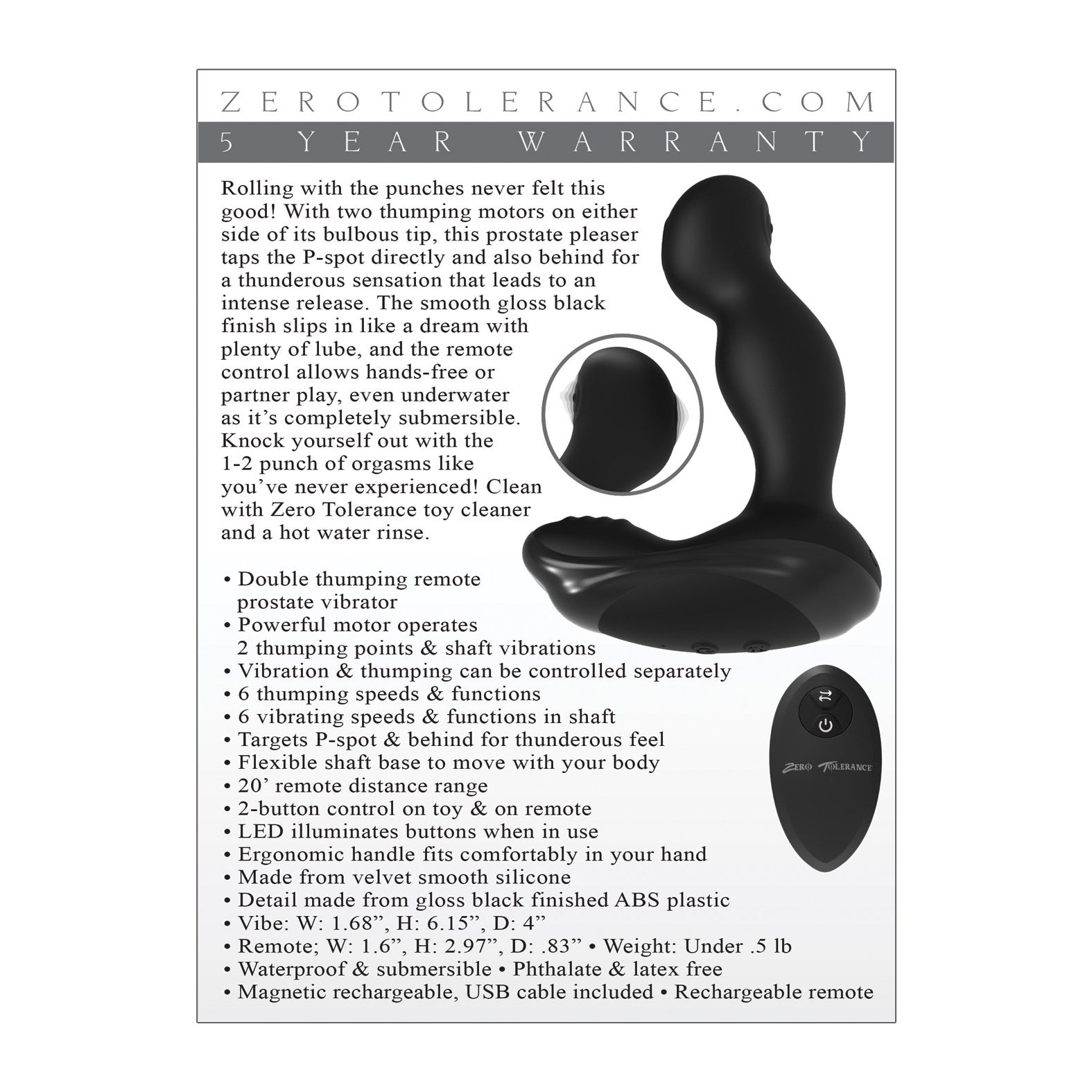 Zero Tolerance The One-Two Punch, a prostate massager by Zero Tolerance, offers dual stimulation with two motors and 10 vibrating modes. Its waterproof for hands-free operation and remote use. Plus, it includes size information and warranty details for added convenience.