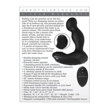Zero Tolerance The One-Two Punch, a prostate massager by Zero Tolerance, offers dual stimulation with two motors and 10 vibrating modes. Its waterproof for hands-free operation and remote use. Plus, it includes size information and warranty details for added convenience.