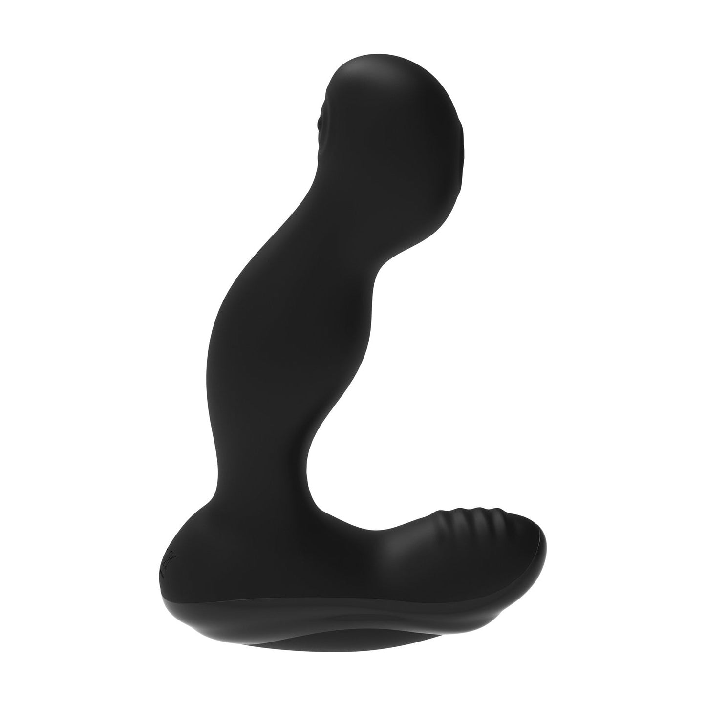 The Zero Tolerance The One-Two Punch is a black silicone prostate massager with a curved design and vibrating modes. It has a textured base, smooth surface for double stimulation, and is displayed upright against a white background for personal use.