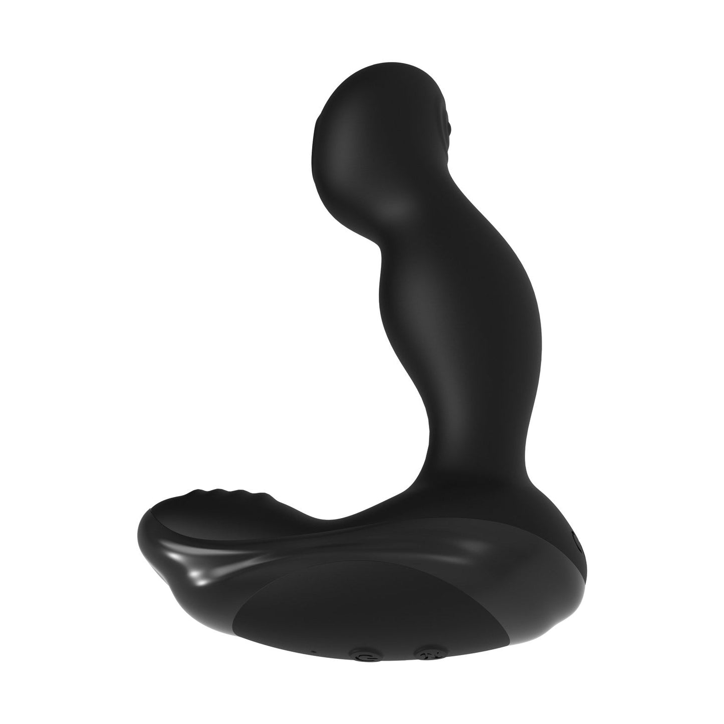 The Zero Tolerance The One-Two Punch is a black ergonomic prostate massager offering dual stimulation with its curved shape and textured base. It features a smooth, rounded top and modern design with vibrating modes for an enhanced experience against a plain white background.