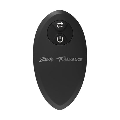 A black, oval-shaped remote control featuring a power symbol and an arrow circle symbol is labeled with Zero Tolerance in white text, allowing precise control of your Zero Tolerance The One-Two Punch prostate massager.