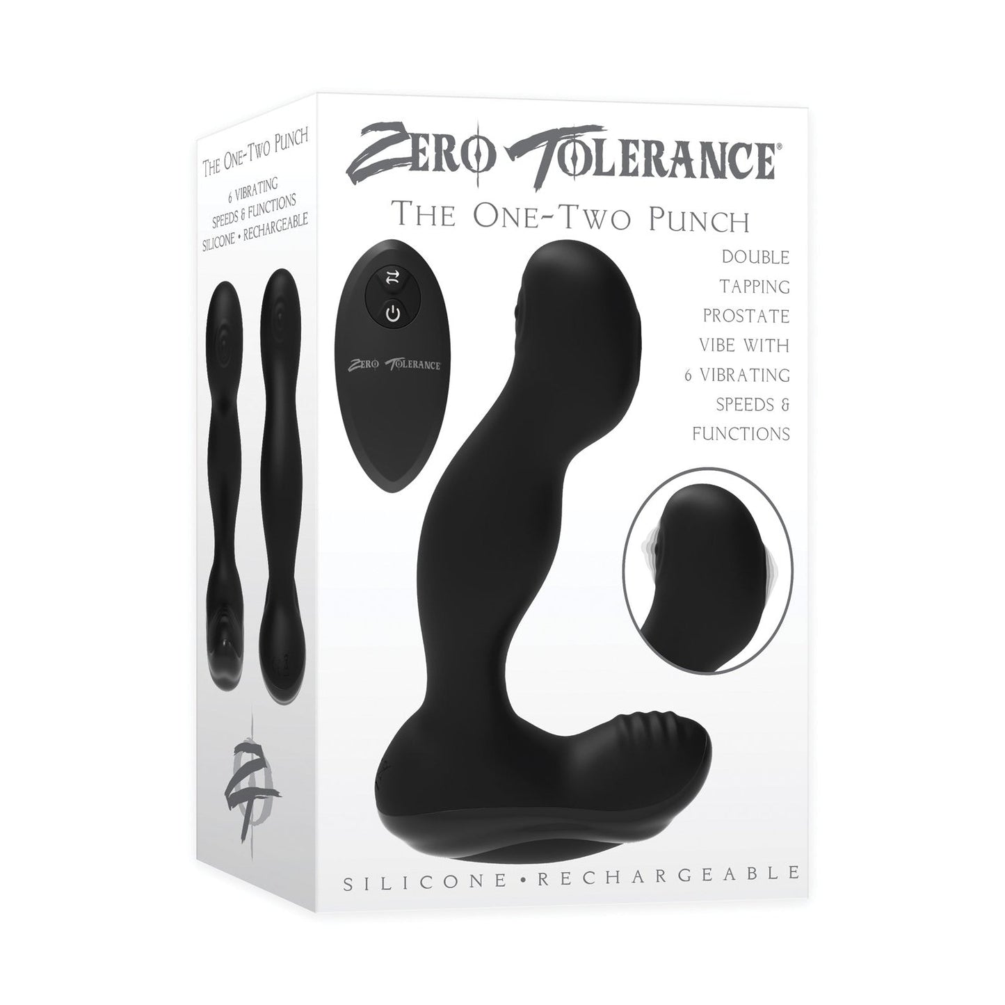 Packaging of Zero Tolerance The One-Two Punch, a black silicone prostate massager. It features a remote control for dual stimulation with 6 speeds, 9 vibration modes, and highlights its rechargeable functionality on the box.