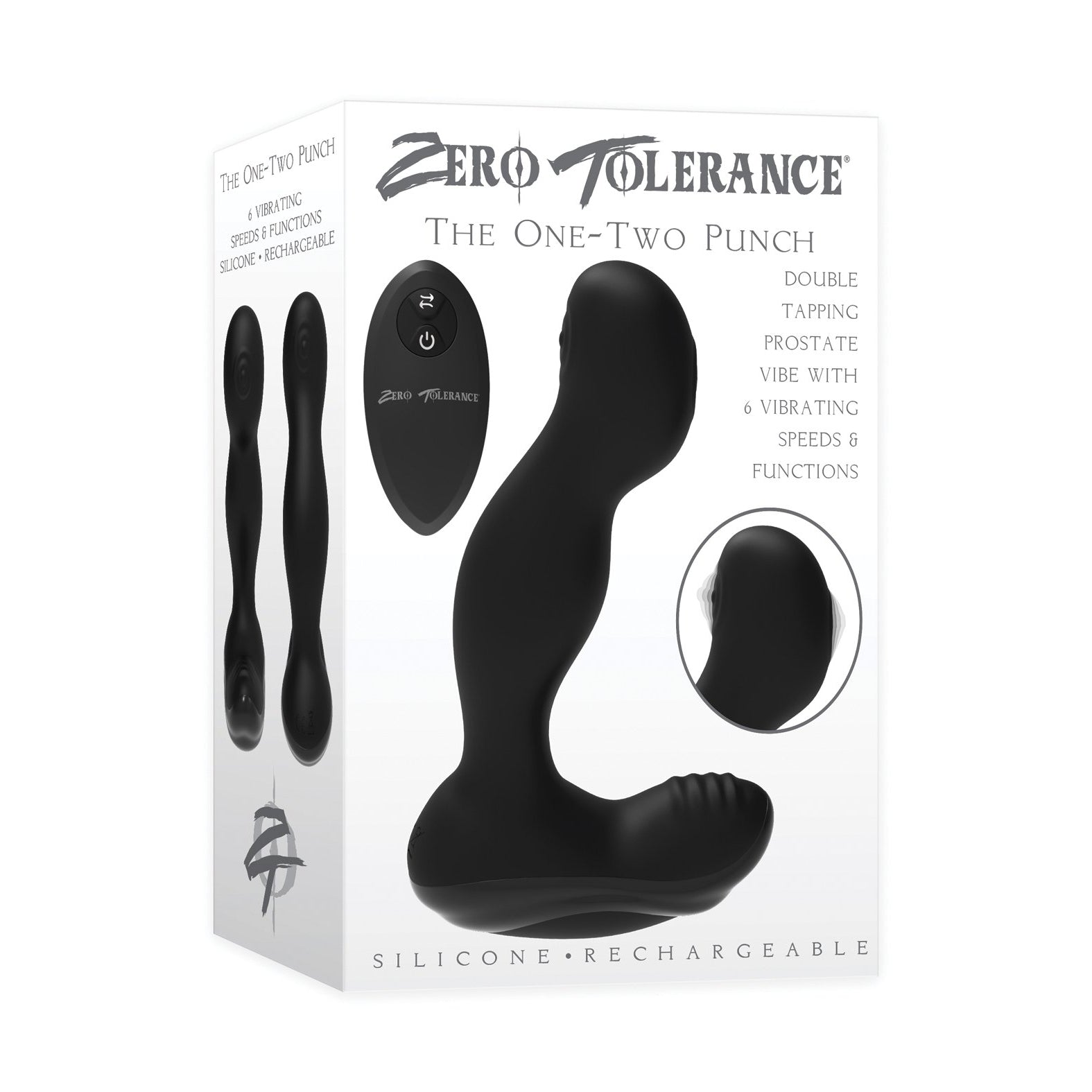 Packaging of Zero Tolerance The One-Two Punch, a black silicone prostate massager. It features a remote control for dual stimulation with 6 speeds, 9 vibration modes, and highlights its rechargeable functionality on the box.