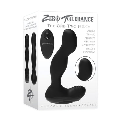 Packaging of Zero Tolerance The One-Two Punch, a black silicone prostate massager. It features a remote control for dual stimulation with 6 speeds, 9 vibration modes, and highlights its rechargeable functionality on the box.