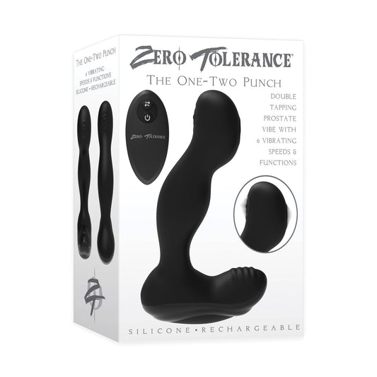 Packaging of Zero Tolerance The One-Two Punch, a black silicone prostate massager. It features a remote control for dual stimulation with 6 speeds, 9 vibration modes, and highlights its rechargeable functionality on the box.