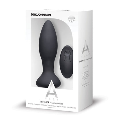 A white box contains a black silicone anal plug with a wireless remote. The packaging displays A Play and Rimmer Experienced, emphasizing its vibrating, rotating, and rechargeable features—ideal for those seeking a premium experience.