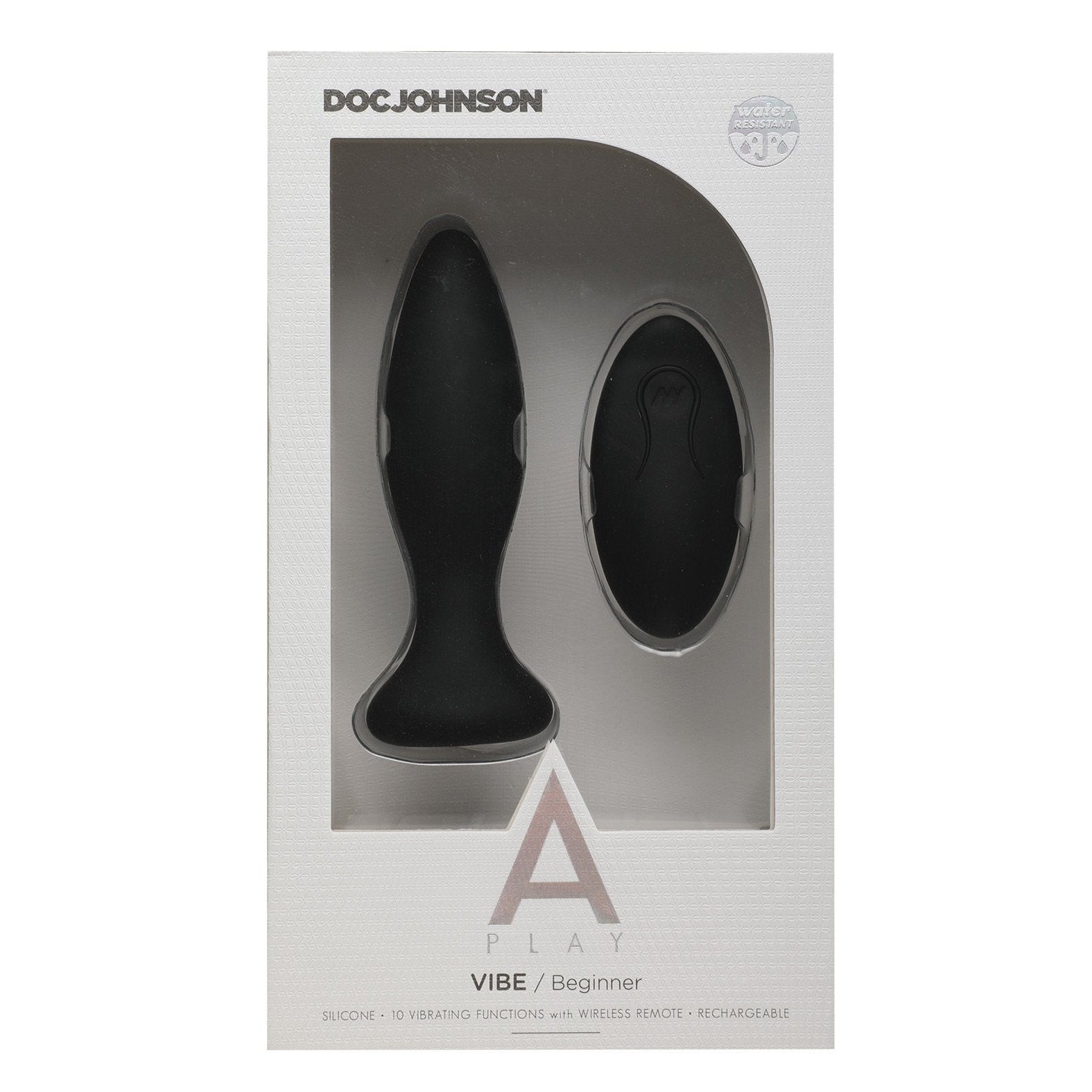 Packaging for A Plays beginner-level rechargeable anal plug, made from body-safe silicone. The A Play VIBE features 10 vibrating functions, a wireless remote, and is showcased in sleek black within a white box that highlights its impressive features.