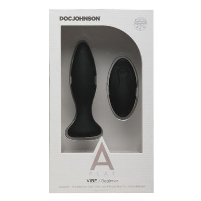 Packaging for A Plays beginner-level rechargeable anal plug, made from body-safe silicone. The A Play VIBE features 10 vibrating functions, a wireless remote, and is showcased in sleek black within a white box that highlights its impressive features.