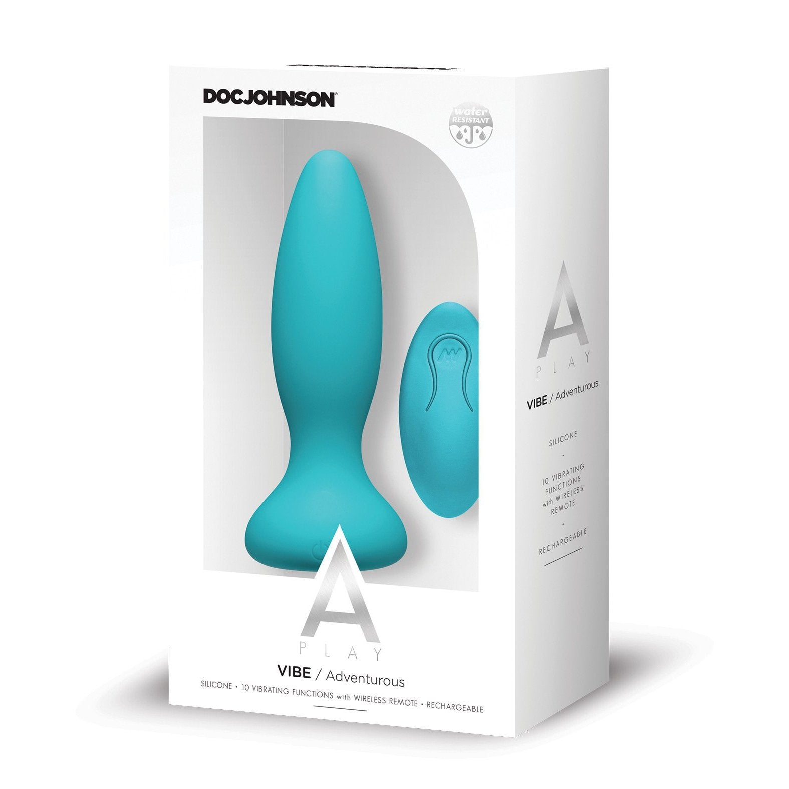 The A Play VIBE packaging highlights its body-safe blue silicone design, featuring a wireless remote, 10 vibrating functions, and rechargeable capabilities, with the brand name A Play prominently displayed at the top.
