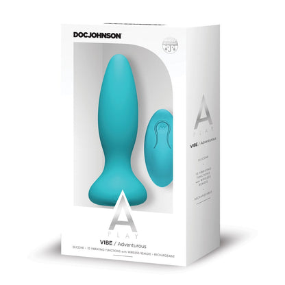 The A Play VIBE packaging highlights its body-safe blue silicone design, featuring a wireless remote, 10 vibrating functions, and rechargeable capabilities, with the brand name A Play prominently displayed at the top.