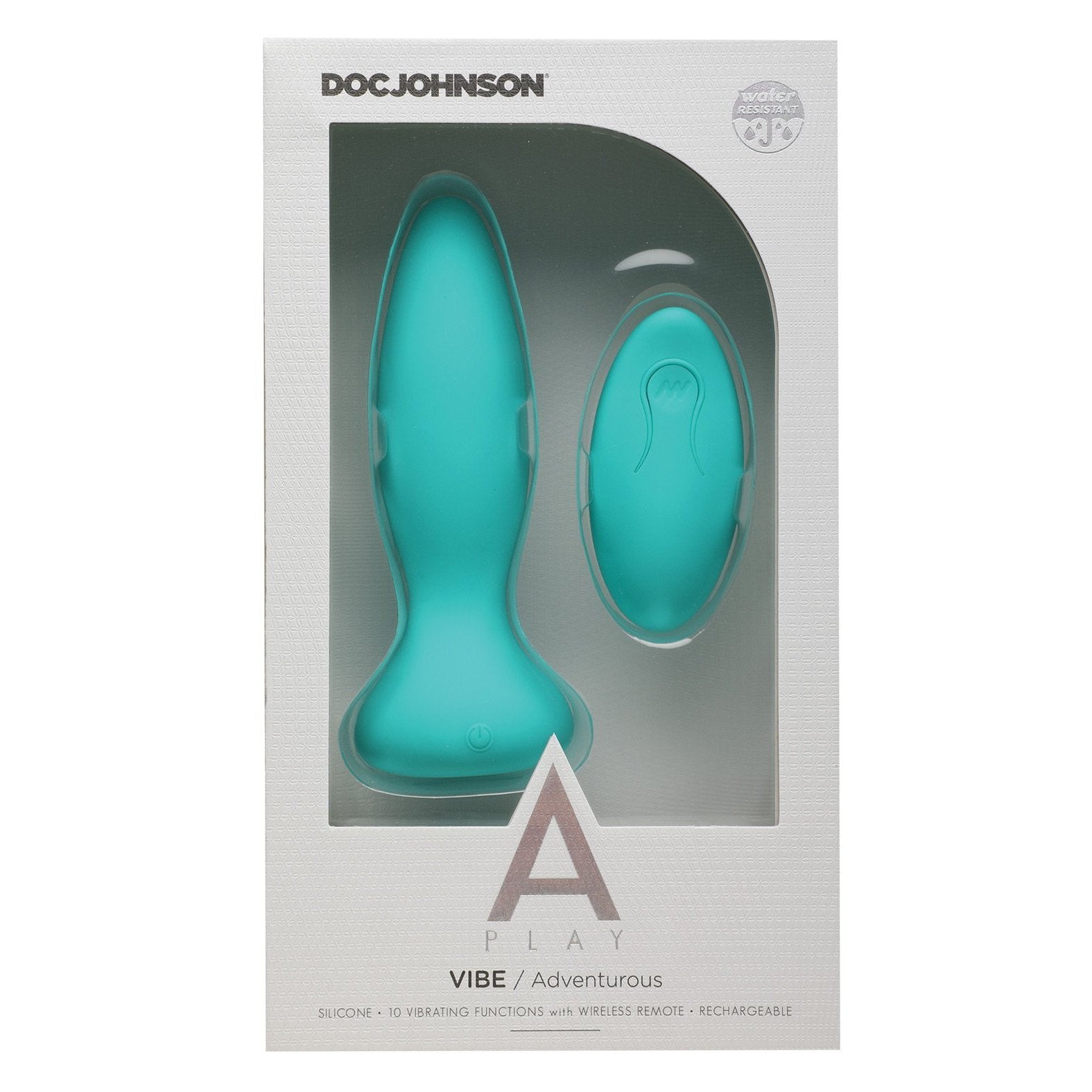 The box contains a turquoise vibrating toy branded as A Play, featuring a body-safe silicone design, 10 dynamic vibrating functions, and a wireless remote. This rechargeable anal plug offers versatile enjoyment.