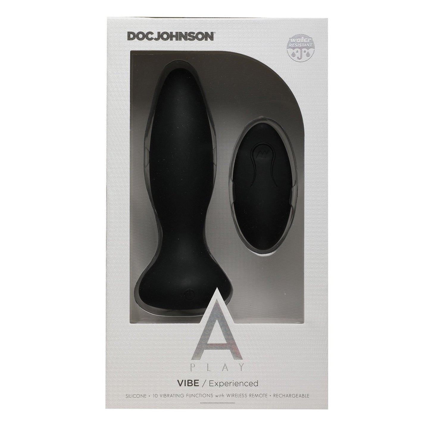 The A Play VIBE Rechargeable Silicone Anal Plug w/Remote comes in a sleek white box and features a black body-safe silicone plug with wireless remote. The branding includes A Play and Experienced, offering 10 vibrations, rechargeable ease, and wireless use for an enhanced experience.