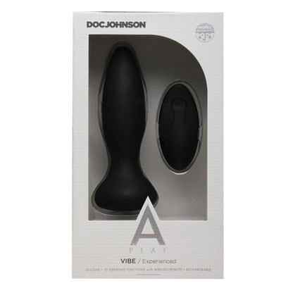 The A Play VIBE Rechargeable Silicone Anal Plug w/Remote comes in a sleek white box and features a black body-safe silicone plug with wireless remote. The branding includes A Play and Experienced, offering 10 vibrations, rechargeable ease, and wireless use for an enhanced experience.
