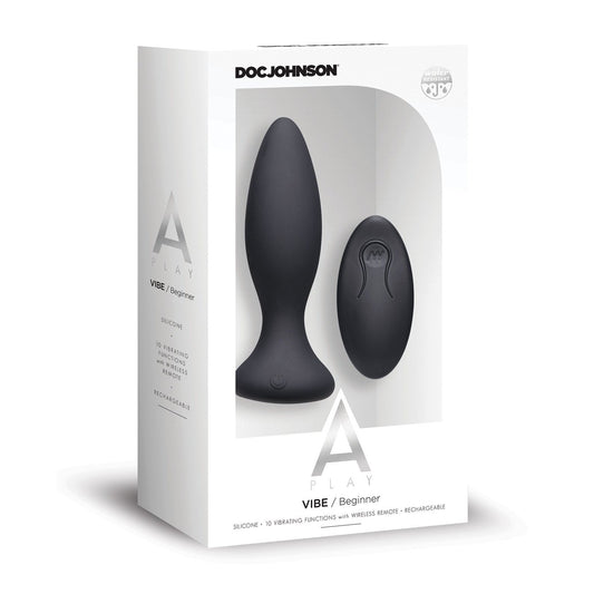 The image features the A Play VIBE rechargeable silicone anal plug with a remote, ideal for beginners. The packaging highlights the A Play brand and details such as vibrating functions and a wireless remote. This device ensures body-safe silicone material.