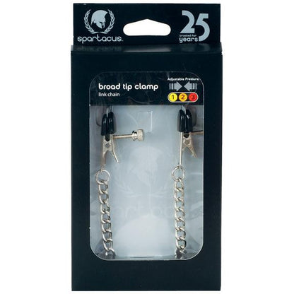 The packaging for Adjustable Broad Tip Nipple Clamps w/Link Chain features two silver clamps connected by a chain, ideal for nipple play. Highlighted with a 25 years emblem, it offers adjustable pressure levels with a clear numbered system.