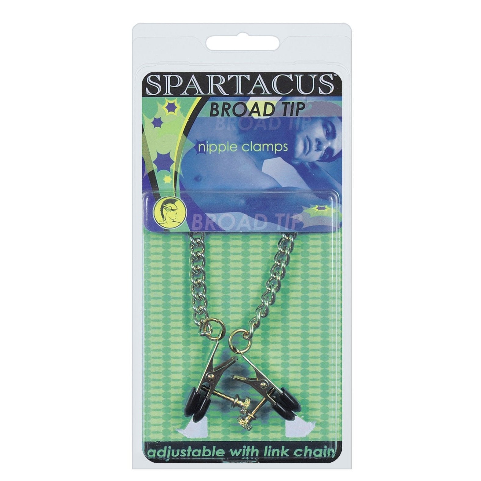 Packaging for Adjustable Broad Tip Nipple Clamps w/Link Chain showcases a green background and chain-link design with the clamps attached to a chain. Described as adjustable for a tailored nipple play experience.