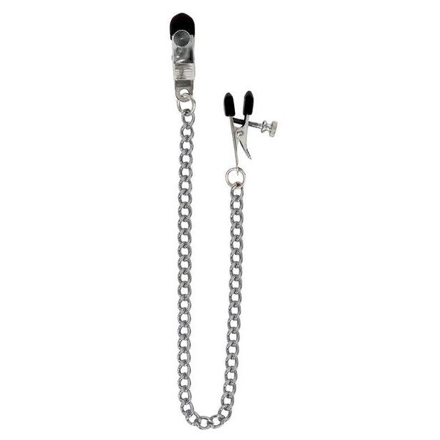The Adjustable Broad Tip Nipple Clamps w/Link Chain features a silver chain with clamps at each end—one with a tightening mechanism. The clamps grip securely and have black pads for comfort.