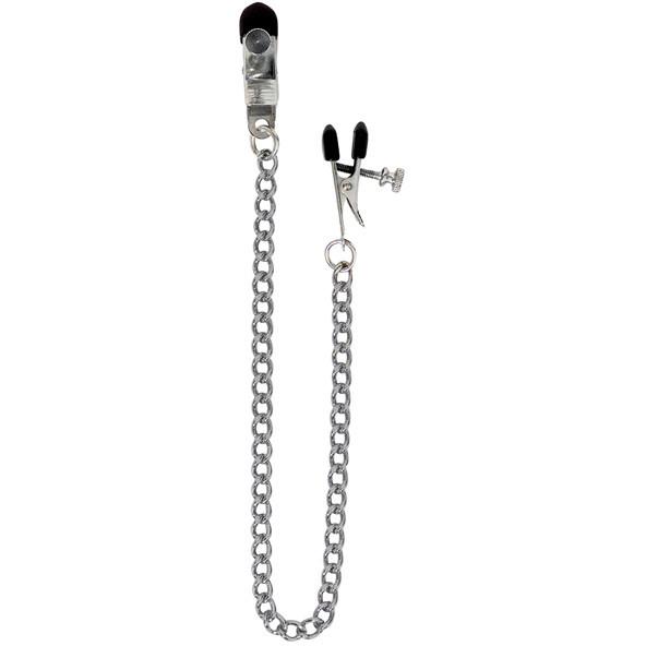 The Adjustable Broad Tip Nipple Clamps come with a link chain and feature a broad tip metal alligator clip on one end and an adjustable hook clamp on the other, ensuring secure placement.