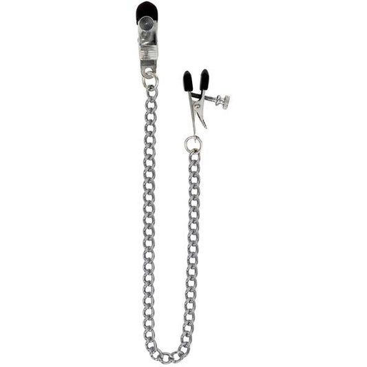 The Adjustable Broad Tip Nipple Clamps come with a link chain and feature a broad tip metal alligator clip on one end and an adjustable hook clamp on the other, ensuring secure placement.