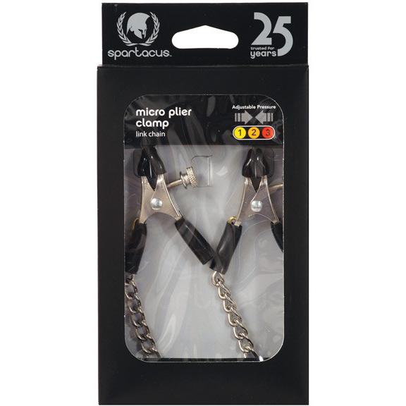 The Adjustable Micro Plier Nipple Clamps with Link Chain feature coated tips and adjustable pressure. They come in black packaging with a clear window and a 25 years label in the top right corner.