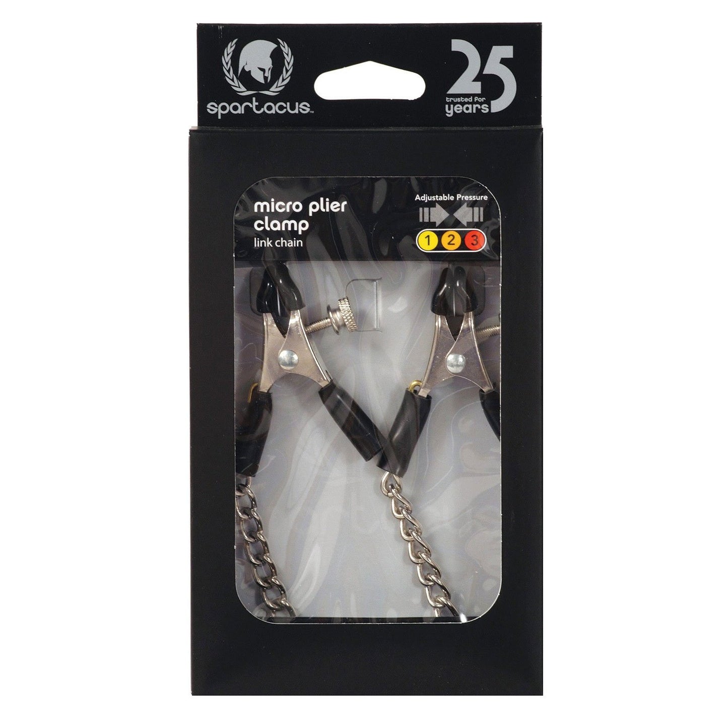 Packaging for the Adjustable Micro Plier Nipple Clamps w/Link Chain proudly marks 25 amazing years. The predominantly black design includes a clear section showcasing the product and chain, with adjustable clamps featuring coated tips.